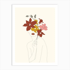 Colorful Thoughts Minimal Line Art Woman With Orchids Art Print