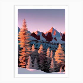 Red Sunset Snowy Mountains Oil Painting Morning Skiing Resort Art Print