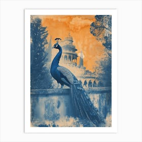 Orange & Blue Peacock With Palace In The Background 2 Art Print