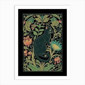 William Morris  Inspired Cats Collection Black Background Leaves Green Art Print