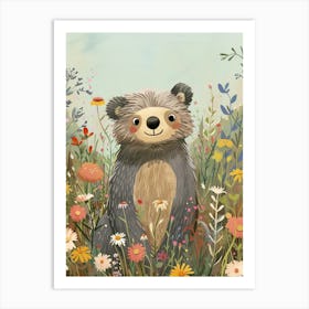 Sloth Bear Cub In A Field Of Flowers Storybook Illustration 1 Art Print
