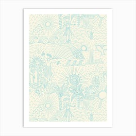 Hawaiian Toile Polynesian Hula Dance Tropical Landscape Pastel Blue Cream White Art Print