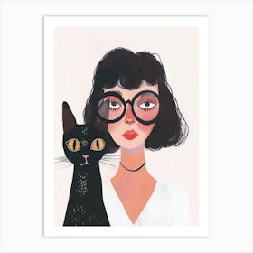 Illustration Of A Woman With A Cat Art Print