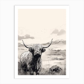 Black & White Illustration Of Highland Cow With Valley In The Distance Art Print