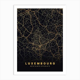 Luxembourg Black And Gold Map Art Print