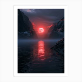 Red Moon Over Lake Art Print