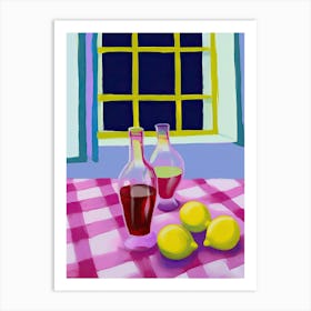 Lemons On Checkered Table, Magenta Tones, Frenchch Riviera In Matisse Style 2 Art Print