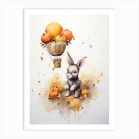 Donkey Flying With Autumn Fall Pumpkins And Balloons Watercolour Nursery 4 Art Print