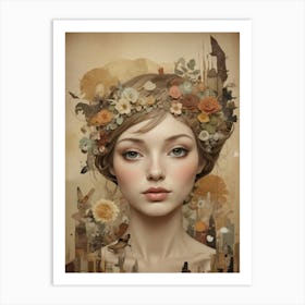 Girl With Flowers On Her Head Art Print