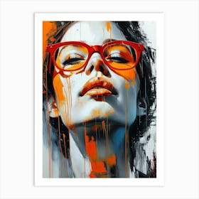 A Womans Face With Red Frame Glasses Art Print