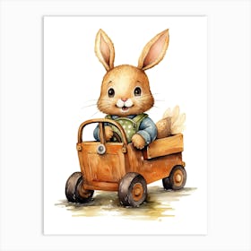 Rabbit Bunny On A Toy Car, Watercolour Nursery 0 Art Print