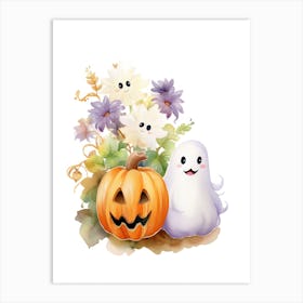 Cute Ghost With Pumpkins Halloween Watercolour 32 Art Print