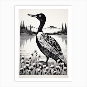 B&W Bird Linocut Loon 1 Art Print