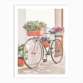 Puglia, Italy I Vintage retro bike with wild flowers photography in the Ostuni village in italian countryside in the atmosphere of Mediterranean sunshine light to the pastel summer aesthetic of La Dolce Vita Art Print