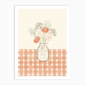 Flower bouquet gingham hand-drawn linework in orange 1 Art Print