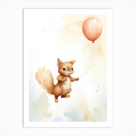 Baby Squirrel Flying With Ballons, Watercolour Nursery Art 4 Art Print