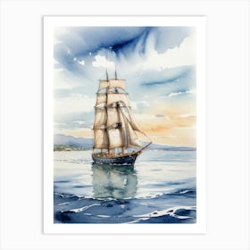 Sailing ship on the sea, watercolor painting 6 Art Print