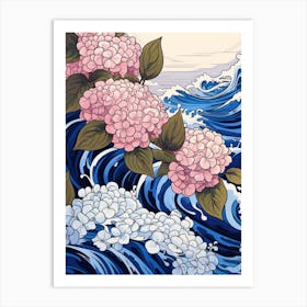 Great Wave With Hydrangea Flower Drawing In The Style Of Ukiyo E 3 Art Print