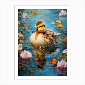 Duckling Swimming In The Pond With Petals 4 Art Print
