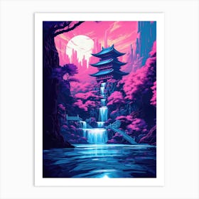 Neon Asian Pagoda Landscape Waterfall Painting Art Print