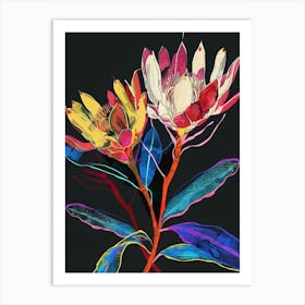 Neon Flowers On Black Protea 2 Art Print