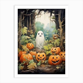 Cute Bedsheet Ghost, Botanical Halloween Watercolour 89 Art Print