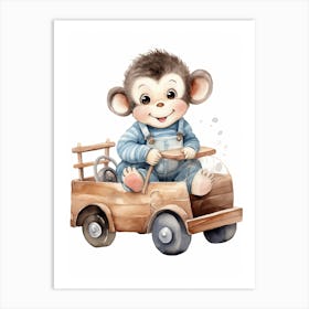 Baby Panda On A Toy Car, Watercolour Nursery 6 Art Print