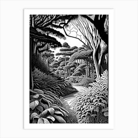 Keirunga Gardens, New Zealand Linocut Black And White Vintage Art Print