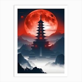 Red Moon Over Pagoda Art Print