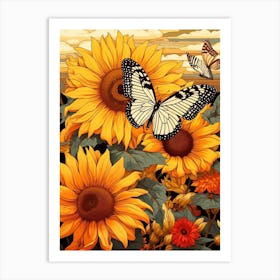 Butterflies With Sunflowers 1 Art Print