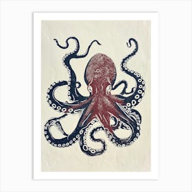 Linocut Red Navy Octopus 1 Art Print