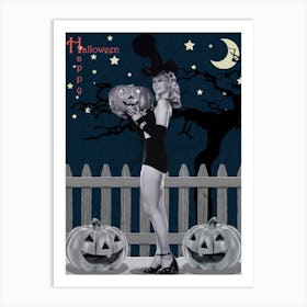 Pin Up Witch Is Posing With Pumpkin By The Fence Art Print