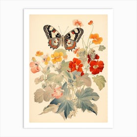Japanese Style Painting Of A Butterfly With Flowers 5 Art Print
