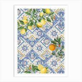 Blue azulejos tiles and citrus fruit Art Print