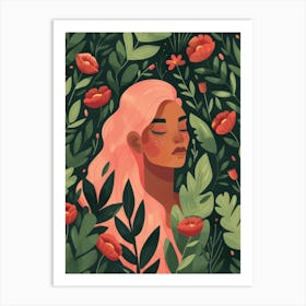 Girl With Pink Hair And Flowers Art Print