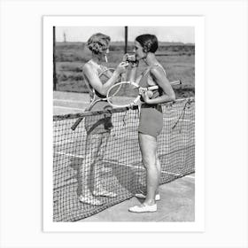 Two Women Playing Tennis Vintage Black and White Photo Art Print
