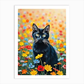 Black Cat In Flowers Art Print