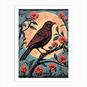 Vintage Bird Linocut Cowbird 5 Art Print