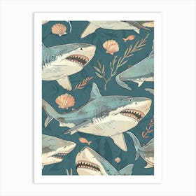 Blue Largetooth Cookiecutter Shark Illustration Pattern Art Print