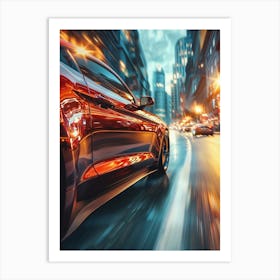 Red Sports Car Driving On City Street Art Print