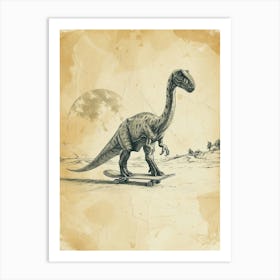 Vintage Diplodocus Dinosaur On A Skateboard 2 Art Print