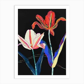 Neon Flowers On Black Tulip 4 Art Print