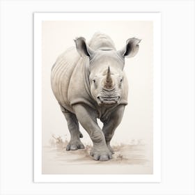 Vintage Rhino Walking Illustration  3 Art Print