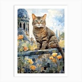 Mosaic Cat On A Wall With Flowers And A Church In The Distance Art Print