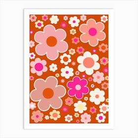 Retro Flowers Orange Peach Pink Art Print