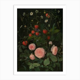 Roses And Strawberries Vintage Floral Painting Art Print