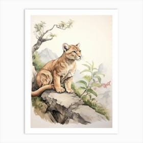 Storybook Animal Watercolour Cougar 4 Art Print