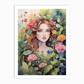 Watercolor Of A Girl With Flowers 1 Art Print