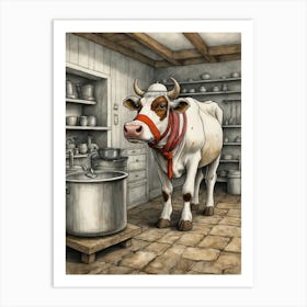 Cow In Kitchen Art Print