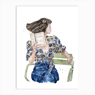 Parisienne With A Book Blue & Brown Art Print